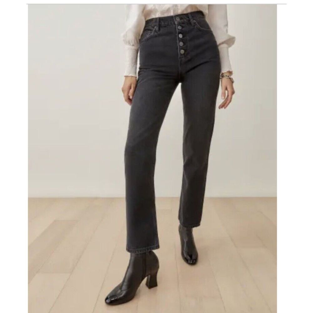 Reformation Women Cynthia Button Fly High Rise Straight Jeans Dark Grey Sz 26
